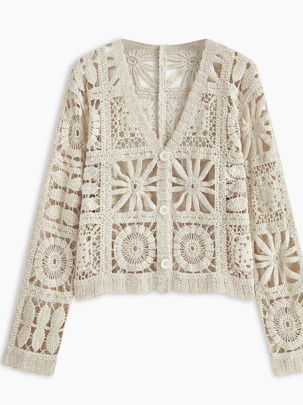 Commense Crochet Square Pattern Button-Front Cardigan - Beige - Small